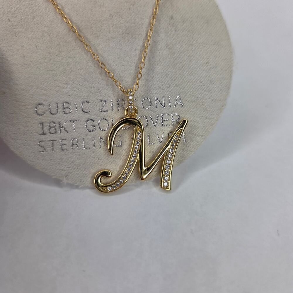 Cubic Zirconia Initial Letter M Pendant Necklace 18k Gold-Plated Sterling Silver - Picture 5 of 6